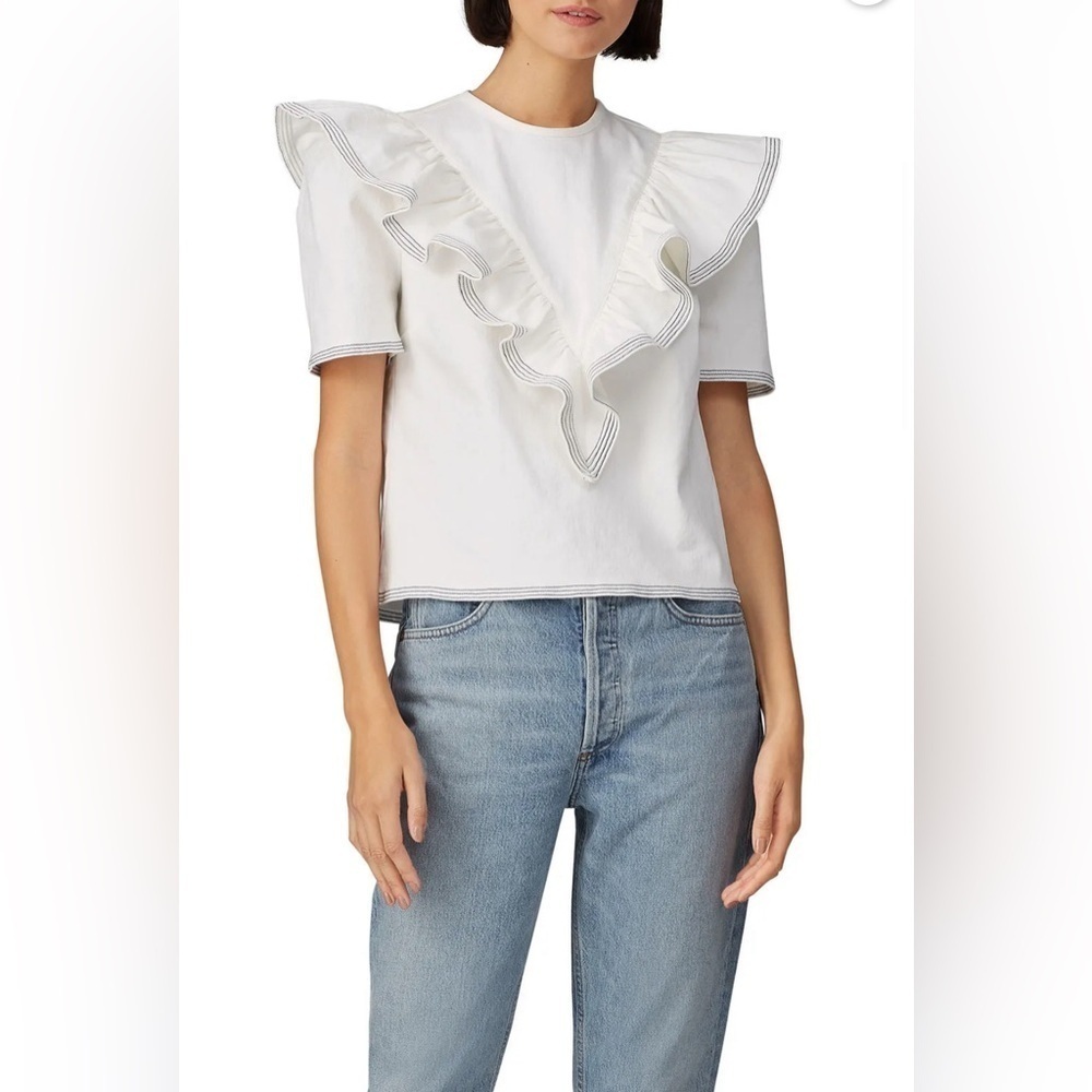 Saylor Anthropologie White Ruffle Sleeve Nautical Harriette Denim Top Size Large